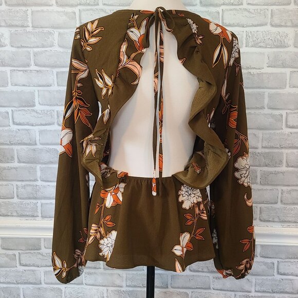 Buckle Willow & Root Blouse Open Back Long Sleeve Peplum Boho Ruffled L Brown - Picture 1 of 9